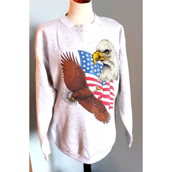 Vintage Bald Eagle American Flag Crewneck Sweatshirt Large Gray Cotton Grove - Picture 2 of 7
